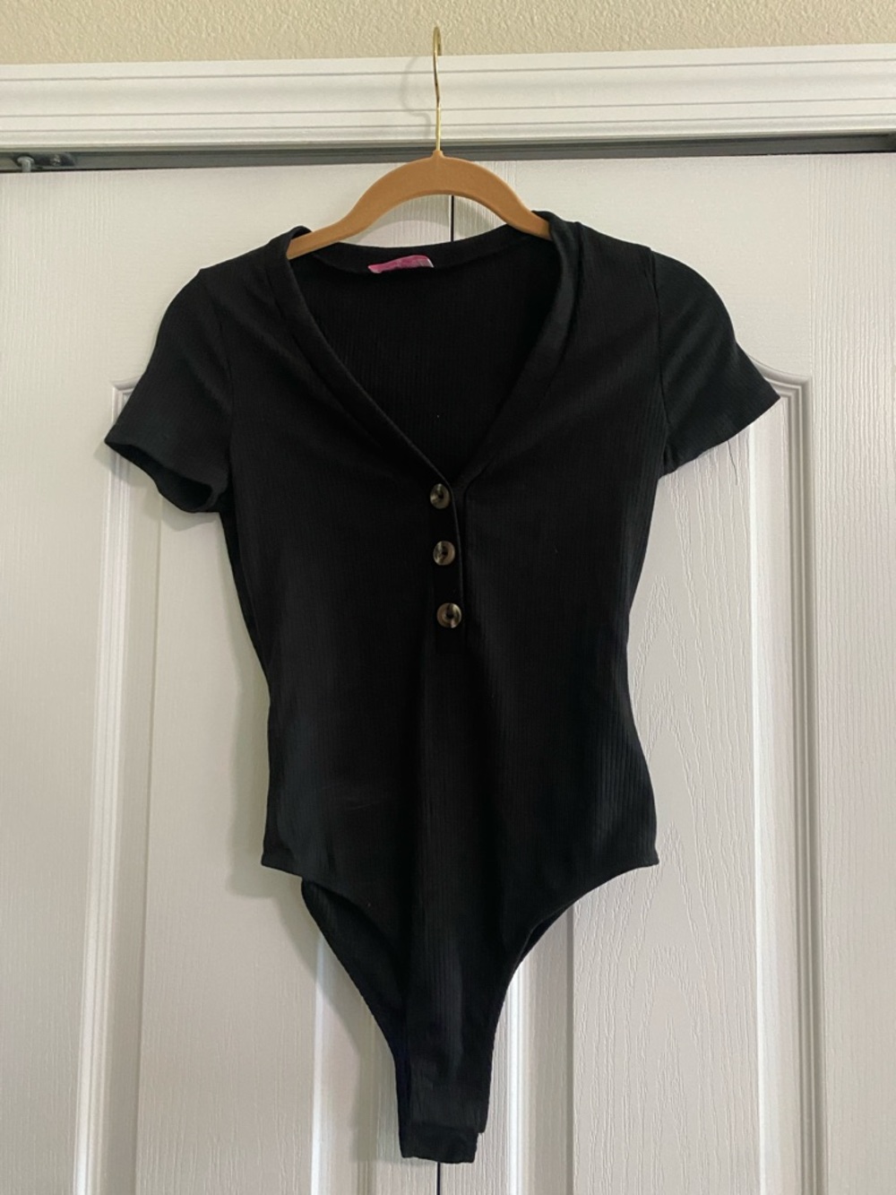 Pink Lily Black Ribbed V-Neck Button Short Sleeve Bodysuit